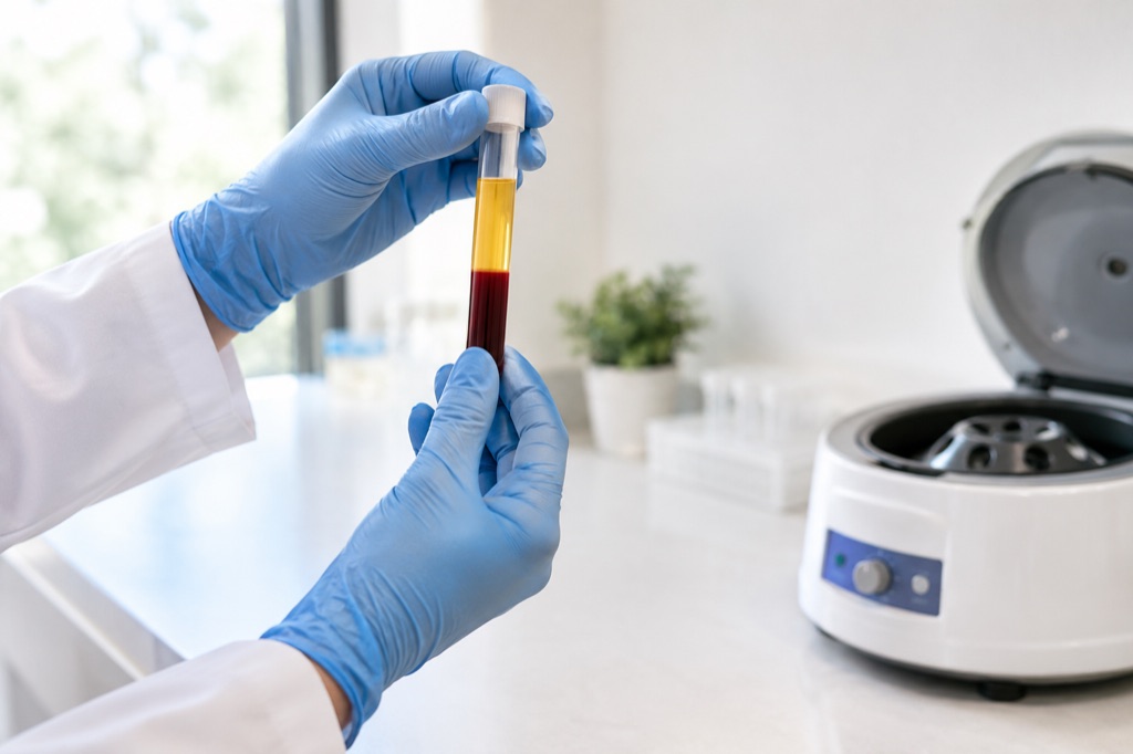 A vial of centrifuged blood showing the golden platelet-rich plasma separated above the red cells, prepared for PRP therapy at A Brighter Tomorrow Whole Health Center.