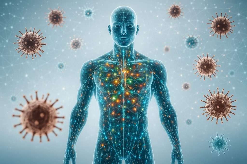 Human immune system illustration representing autoimmune disease, chronic inflammation, and immune system dysfunction.